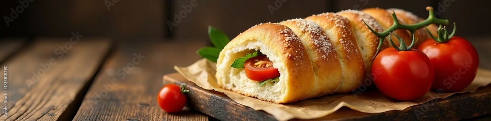 Freshly baked filial roll with ripe tomatoes on rustic wooden table, homemade, organic, bakery Freshly baked filial roll with ripe tomatoes on rustic wooden table, homemade, organic, bakery
