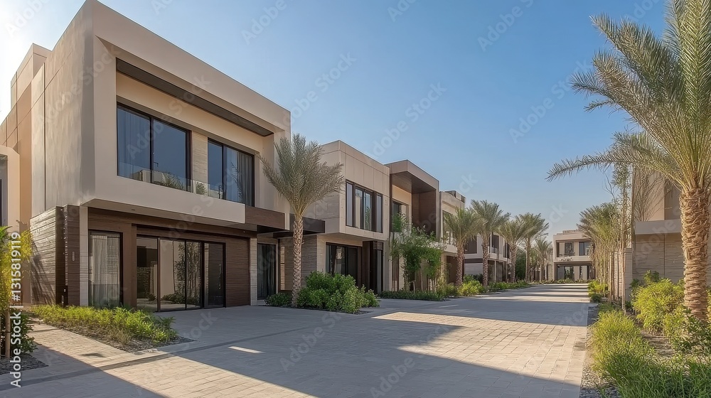 Fototapeta premium Modern luxury villas line a paved street. Ideal for real estate, architecture, and luxury lifestyle websites.