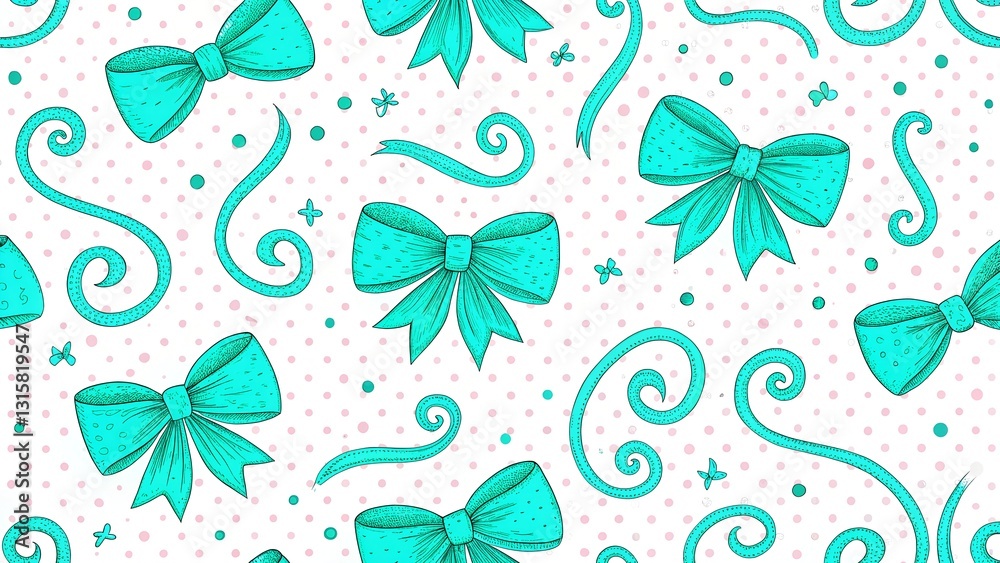 Pink bows of ribbons on white dotted background. Vector seamless pattern. Hand drawn doodle vector elements. Best for textile, print, wrapping paper, package and festive decoration.
