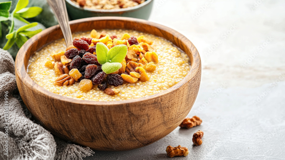 rustic wooden bowl filled with warm millet porridge topped with nuts and raisins rustic wooden bowl filled with warm millet porridge topped with nuts and raisins