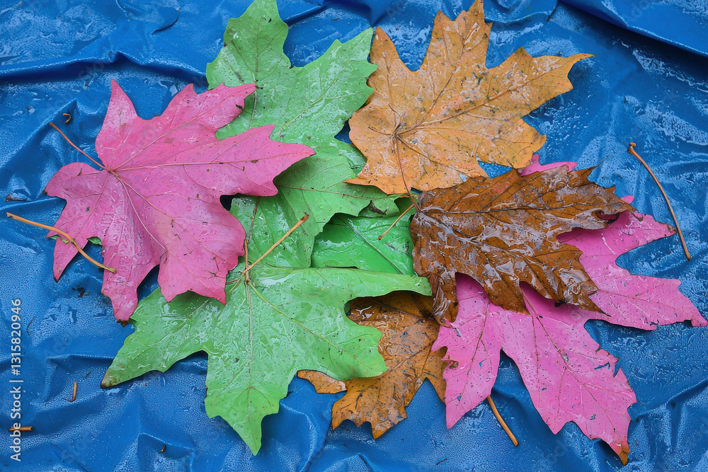 Fototapeta premium Colorful Leaves Arrangement on Blue Background with Water Drops and Natural Texture
