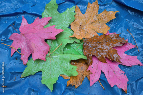 Colorful Leaves Arrangement on Blue Background with Water Drops and Natural Texture