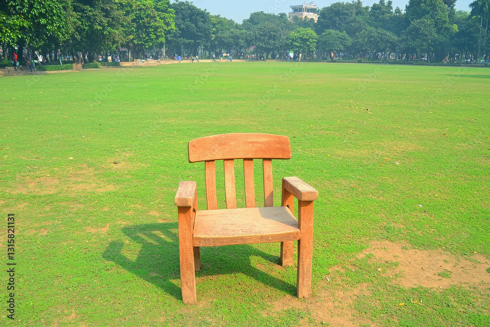 Wooden Chair on Green Grass in Sunny Park Surrounded by Trees and Open Space Wooden Chair on Green Grass in Sunny Park Surrounded by Trees and Open Space
