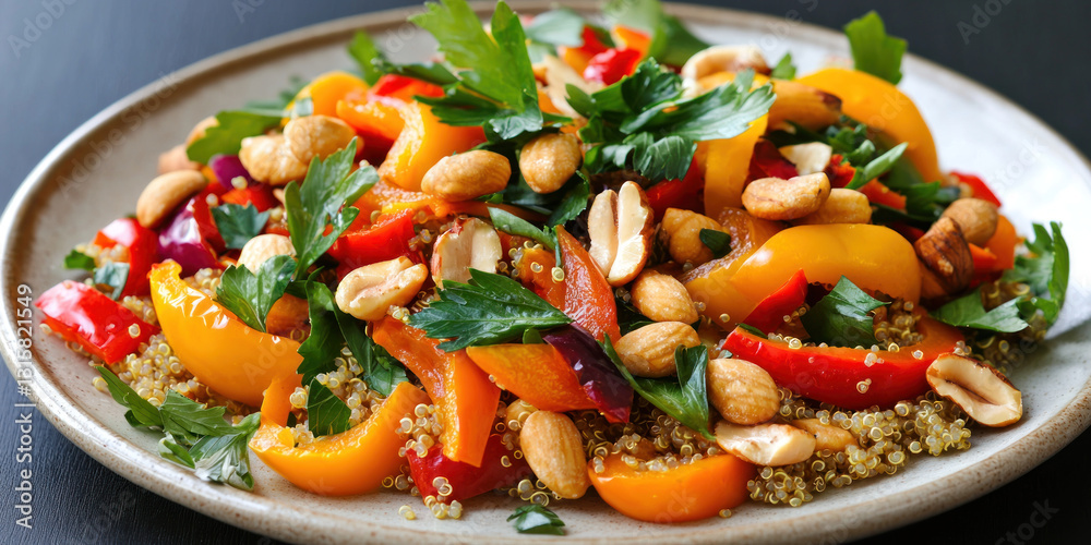 Golden quinoa salad with colorful roasted peppers and fresh herbs Golden quinoa salad with colorful roasted peppers and fresh herbs