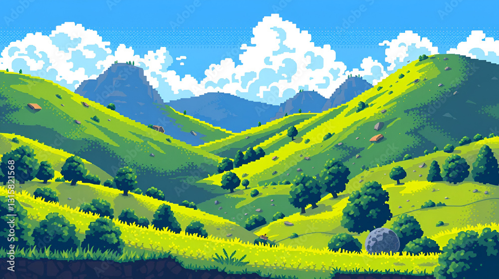 Obraz premium 8-Bit Pixelated Landscape: Green Hills and Blue Sky for Gaming Posters and Ads