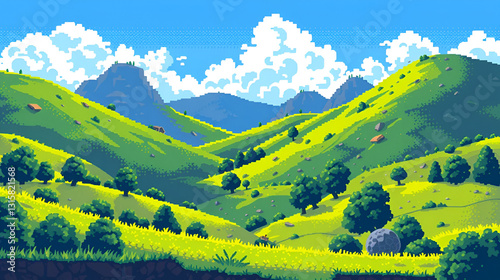 8-Bit Pixelated Landscape: Green Hills and Blue Sky for Gaming Posters and Ads