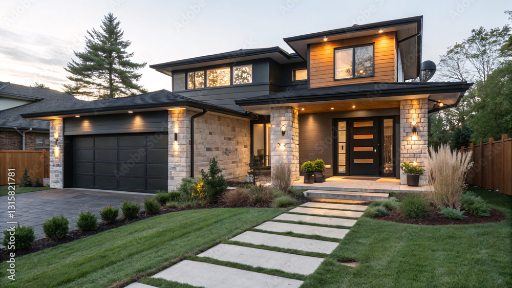 Contemporary Two-Story Home with Stone and Wood Facade, Large Windows, and Landscaped Yard Contemporary Two-Story Home with Stone and Wood Facade, Large Windows, and Landscaped Yard