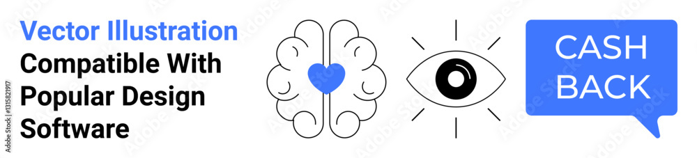 Brain icon with heart, open eye illustration, cashback message in speech bubble. Ideal for creativity, design, vision, financial concepts, strategy, innovation healthcare flat landing page banner Brain icon with heart, open eye illustration, cashback message in speech bubble. Ideal for creativity, design, vision, financial concepts, strategy, innovation healthcare flat landing page banner