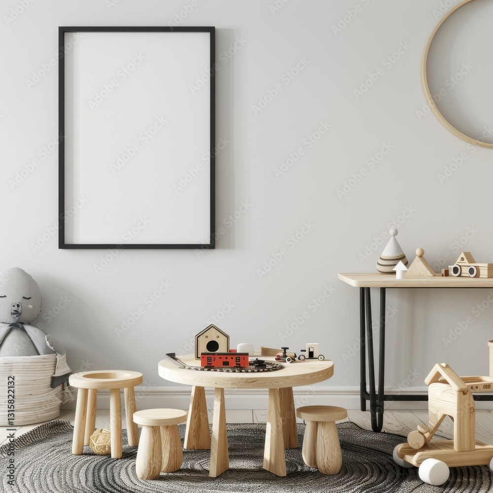 A minimalist playroom with a round wooden table and stools. toys. and a blank frame on the wall A minimalist playroom with a round wooden table and stools. toys. and a blank frame on the wall
