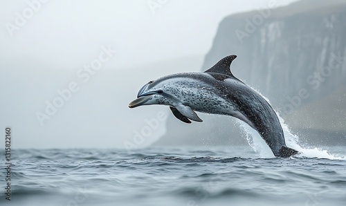 Spotted Dolphin Leaping In Misty Ocean With Cliffs photo