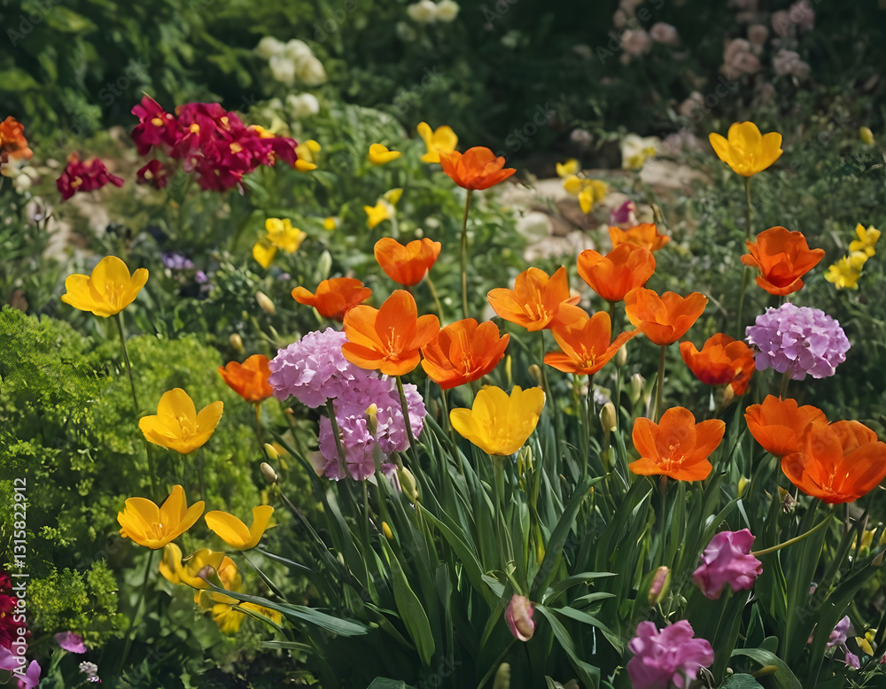 Obraz premium Colorful spring flowers bloom, and the field is full of bright flowers.