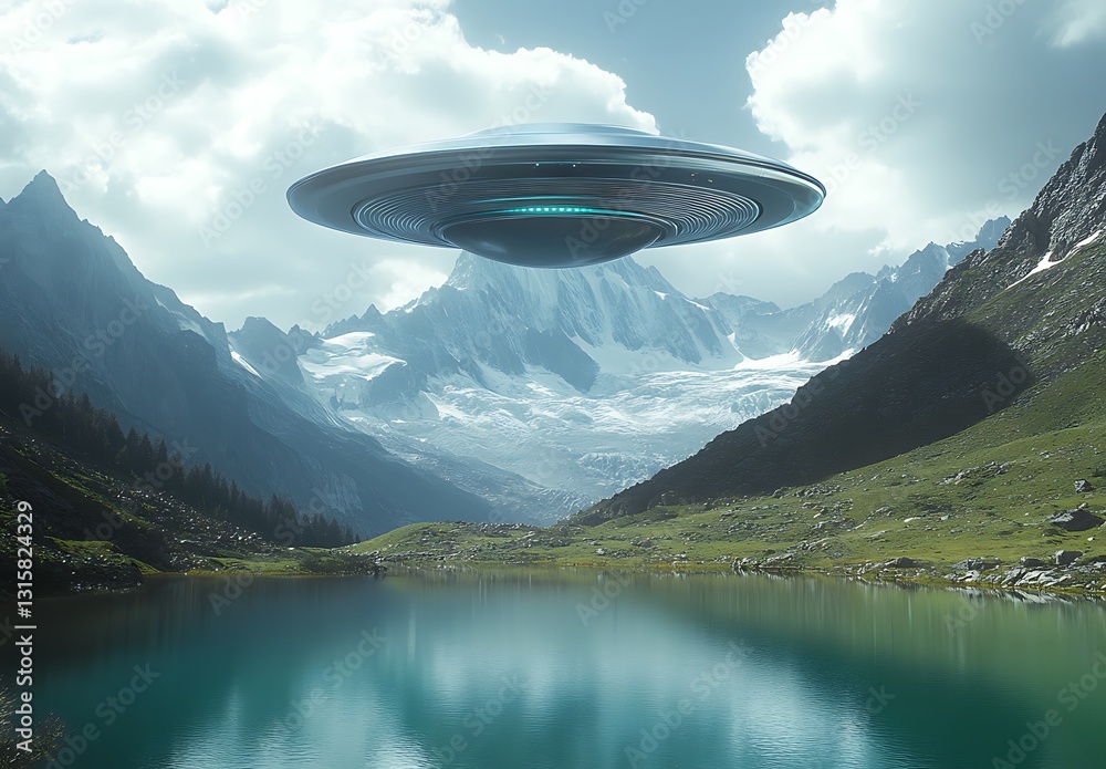 Fototapeta premium Large Metallic Flying Saucer Hovering Above Alpine Landscape