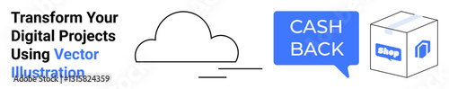 Cloud storage, cashback speech bubble, and shopping box elements. Ideal for digital services, e-commerce, rewards programs, online shopping, marketing, consumer incentives flat landing page banner
