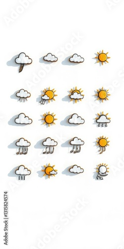 A collection of weather long shadow icons on a white background, symbols, thermometer, icons
