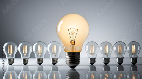 A single illuminated light bulb distinguishing itself among unlit incandescent bulbs with reflection, symbolizing uniqueness and business ideas.