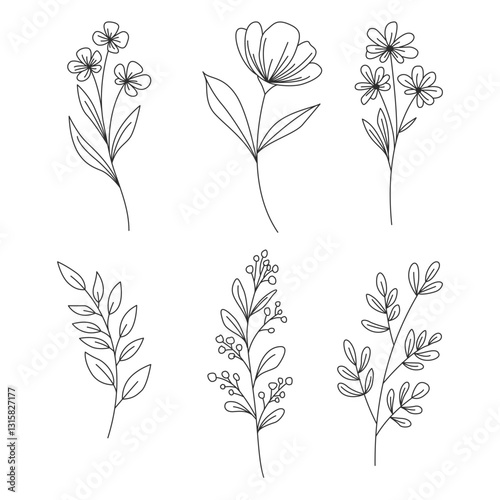 set of vector floral elements, Minimalist Botanical Line Art Collection