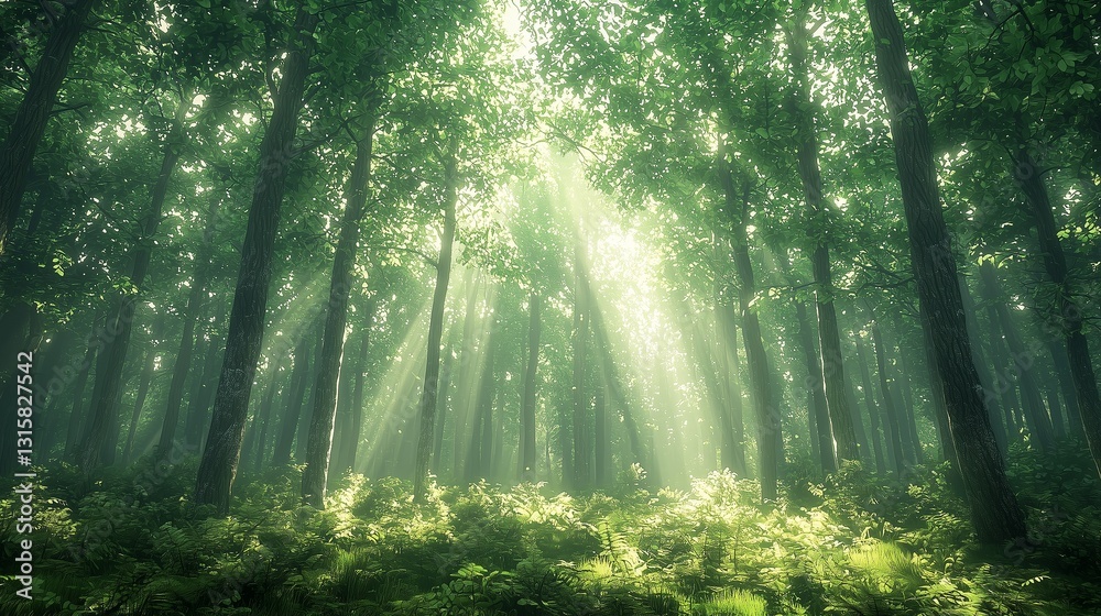 Obraz premium Sunbeams Illuminate a Mystical Green Forest Scene with Lush Undergrowth and Tall Trees
