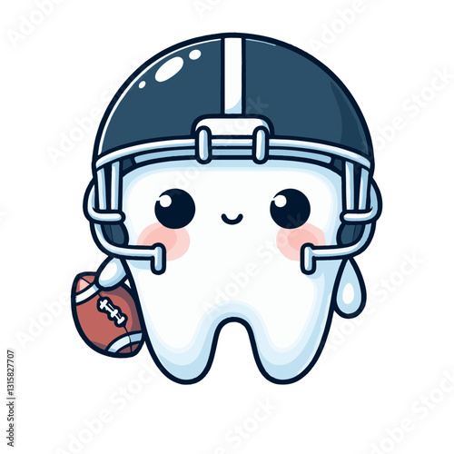 Adorable tooth football player wearing helmet and holding ball vector illustration. Ideal for sports dentistry promotions and engaging youth in dental health care.