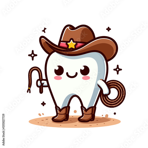 Charming cowboy tooth character with lasso and boots vector illustration. Great for western-themed dental practices or regional dental health campaigns in rural areas.