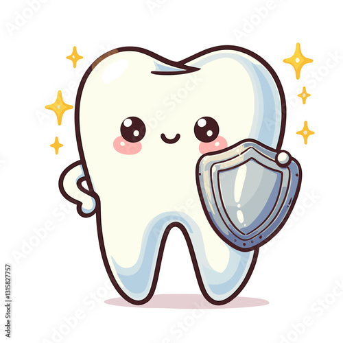 Protective tooth character holding shield vector illustration. Perfect for dental sealant promotions and educating patients about preventative dental care measures.