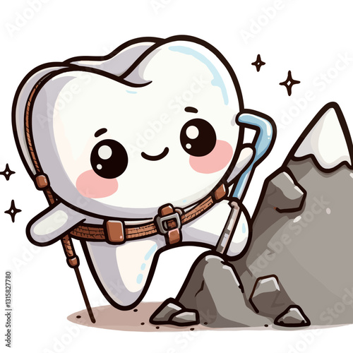 Adventurous mountain climber tooth with rope and gear vector illustration. Perfect for dental practice marketing that emphasizes overcoming challenges and reaching new heights.