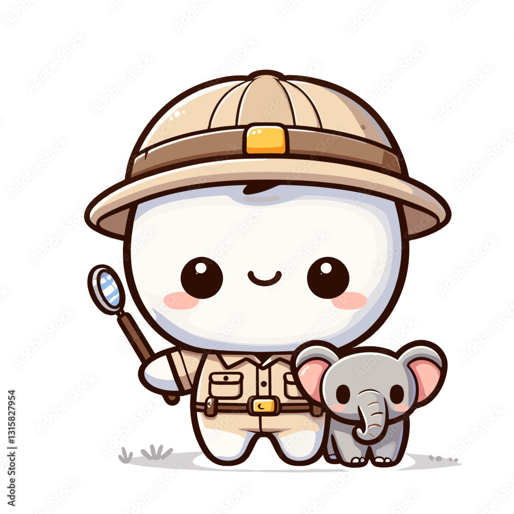Safari explorer tooth with pith helmet and baby elephant vector illustration. Great for educational dental campaigns focused on exotic animals and conservation themes. Safari explorer tooth with pith helmet and baby elephant vector illustration. Great for educational dental campaigns focused on exotic animals and conservation themes.