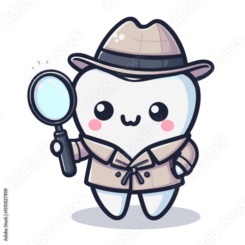Detective tooth character with magnifying glass and hat vector illustration. Ideal for educational content about finding hidden plaque and thorough dental examination techniques.