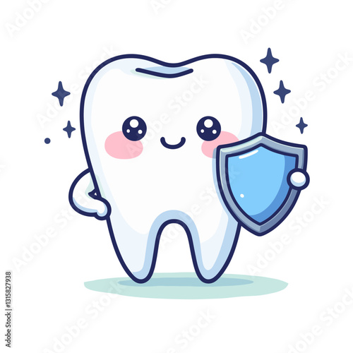 Protective tooth character holding blue shield vector illustration. Excellent for demonstrating the benefits of fluoride treatments and dental sealants for cavity prevention.