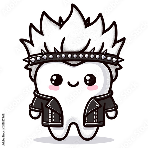 Rebellious punk rock tooth with spiked hair and leather jacket vector illustration. Perfect for teen dental campaigns and showing that dental care can be cool and edgy.