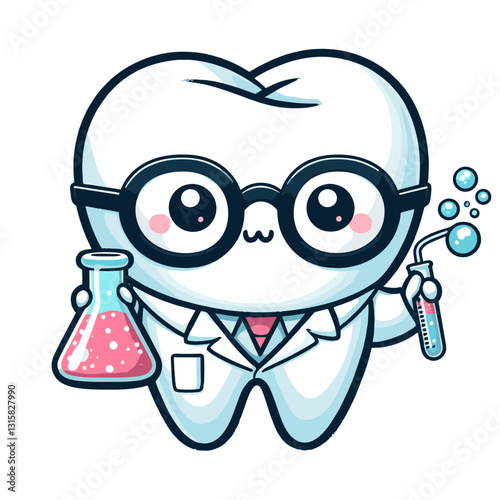 Scientific tooth character with lab coat and chemistry equipment vector illustration. Excellent for dental practices focusing on advanced technology and research-based treatments.