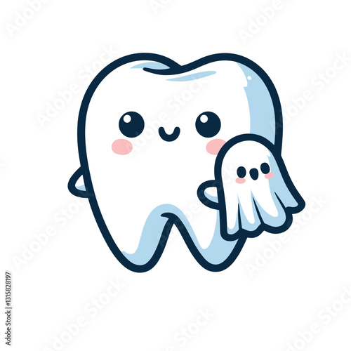 Friendly tooth ghost with mini companion vector illustration. Ideal for Halloween dental promotions and helping children overcome fears of dental visits through playful spooky characters.