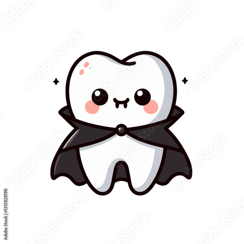 Charming tooth vampire with cape and fangs vector illustration. Excellent for Halloween dental promotions and teaching children about taking care of their canines in a fun, non-scary way.