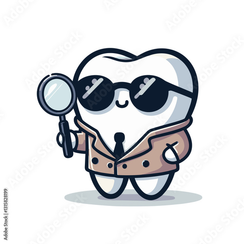 Detective tooth character with magnifying glass, sunglasses and coat vector illustration. Perfect for educational content about finding hidden plaque and thorough dental examination.