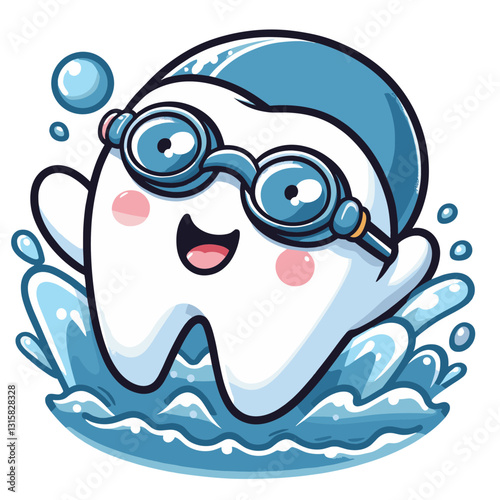 Energetic tooth swimmer with goggles splashing in water vector illustration. Excellent for summer dental promotions and encouraging refreshing oral hygiene practices.
