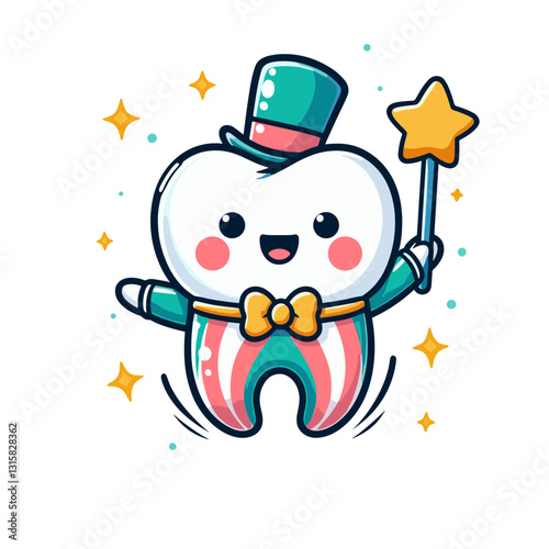 Festive tooth magician with tophat, bowtie and colorful inner design vector illustration. Perfect for transforming dental visits into magical celebrations and special experiences.