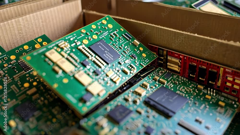 A close-up of circuit boards in cardboard boxes, showcasing technology.