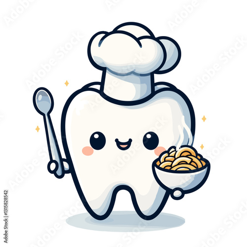 Talented tooth chef with hat and pasta bowl vector illustration. Ideal for nutrition education about tooth-friendly foods and promoting healthy eating habits for optimal dental health.