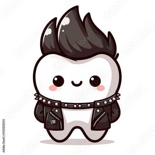 Rebellious punk rock tooth with spiked hair and leather jacket vector illustration. Excellent for teenage dental campaigns and making oral hygiene cool, edgy and appealing to adolescents.