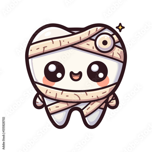 Spooky mummy tooth wrapped in bandages with one eye vector illustration. Perfect for Halloween dental promotions and teaching children that even scary characters need good dental care.