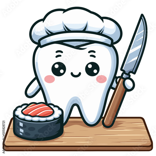 Professional tooth sushi chef with knife preparing fresh roll vector illustration. Excellent for demonstrating precision dental care and artistic approaches to dental treatments.