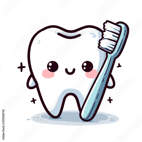 Cheerful tooth with blue toothbrush vector illustration. Ideal for teaching proper brushing techniques and promoting daily oral hygiene routines for maintaining sparkling smiles.
