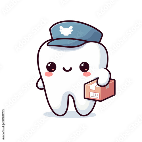 Professional tooth mail carrier with cap and package vector illustration. Perfect for dental reminder services and appointment notification programs that deliver smiles to patients.