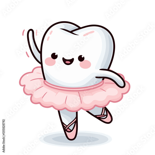 Elegant tooth ballerina in pink tutu performing dance vector illustration. Perfect for pediatric dental clinics creating gentle care experiences and making young patients feel special.