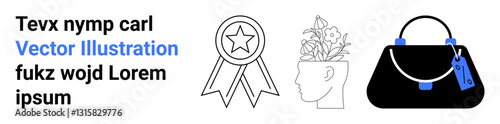 Award ribbon symbolizing achievement, creative head with blooming flowers, and sleek handbag with tag. Ideal for creativity, motivation, self-expression, branding, fashion, success flat landing page