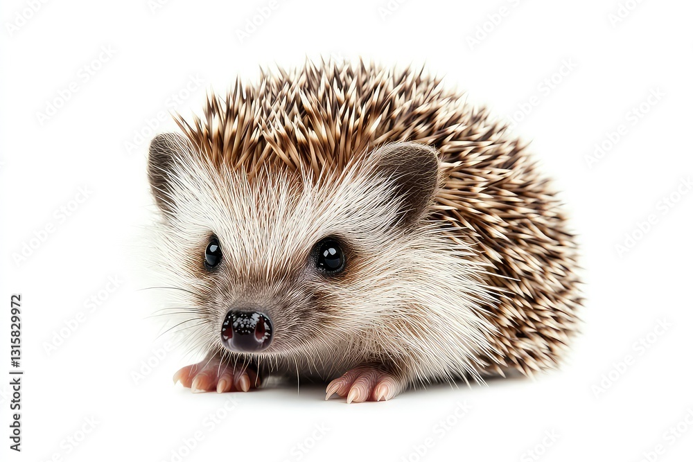 Fototapeta premium Baby hedgehog sitting with its quills slightly raised, isolated.