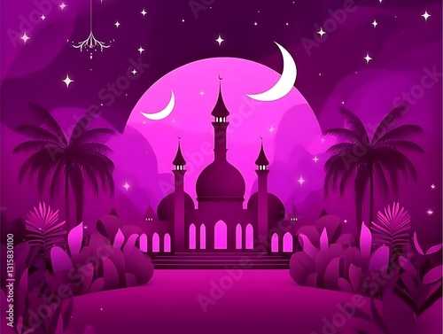 Night Mosque Tropical Purple Landscape