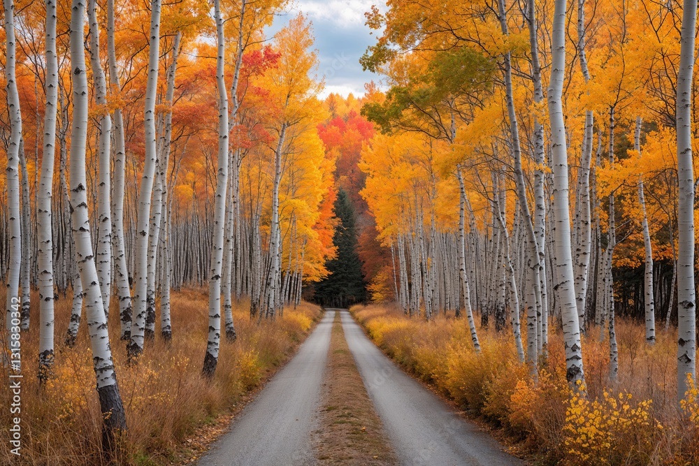 Fototapeta premium Autumn Serenity on a Peaceful Lane Surrounded by Aspen and Birch Trees