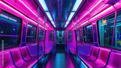 Vibrant interior of a futuristic subway train illuminated by neon purple and blue lights