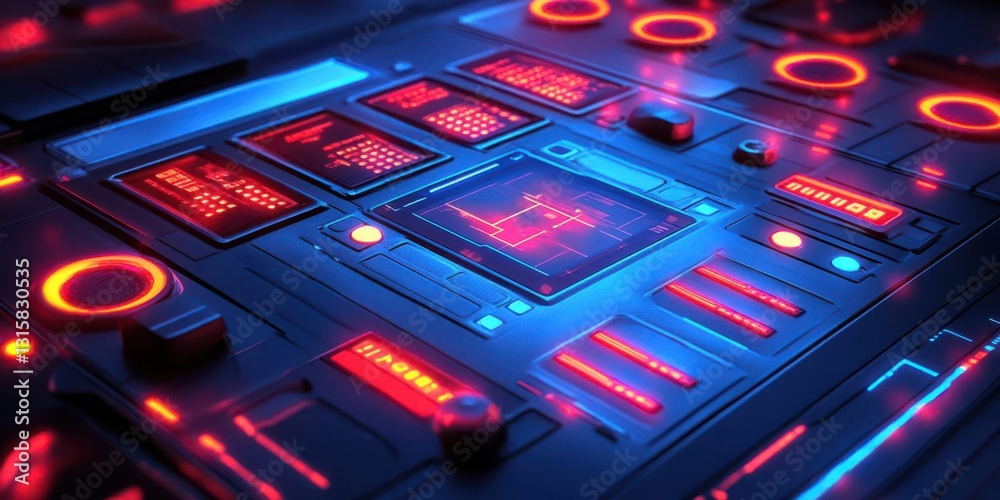 Obraz premium Futuristic control panel with glowing circuits and intricate designs in a tech environment