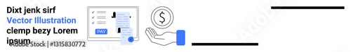 Payment interface with checkboxes, a hand holding coin, dollar sign. Ideal for finance, charity, payment solutions, online shopping, banking mobile apps budgeting concepts. Abstract line flat